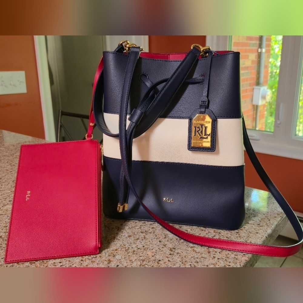 Lauren Ralph Lauren Navy and White Red Color Women's Handbag 2 Pc Size Large - Picture 4 of 16